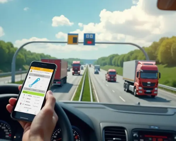 Aplikacja na telefonie pokazuje trasę i koszty przejazdu. Kierowca ciężarówki jedzie autostradą A4, sprawdzając autostrada a4 cennik gliwice-wrocław.