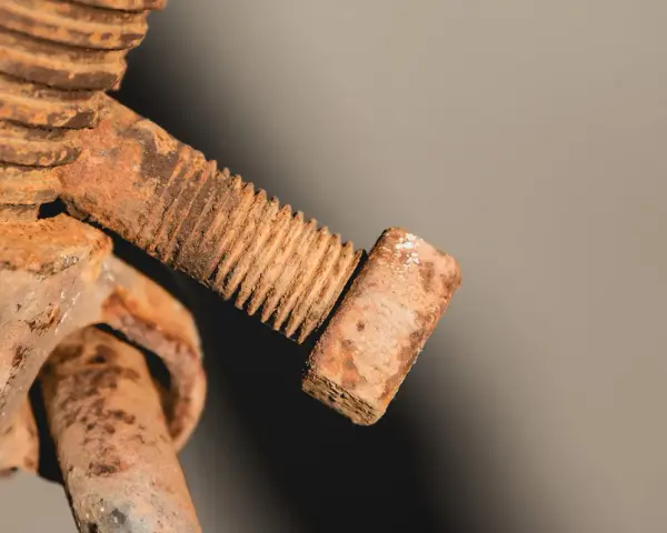 Zapieczona śruba, pokryta grubą warstwą rdzy, wygląda jak relikt przeszłości. Jej gwint jest ledwo widoczny pod brązowym nalotem.