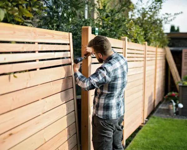 Uomo con trapano realizza una staccionata in legno fai da te, creando un'elegante divisione per il giardino.