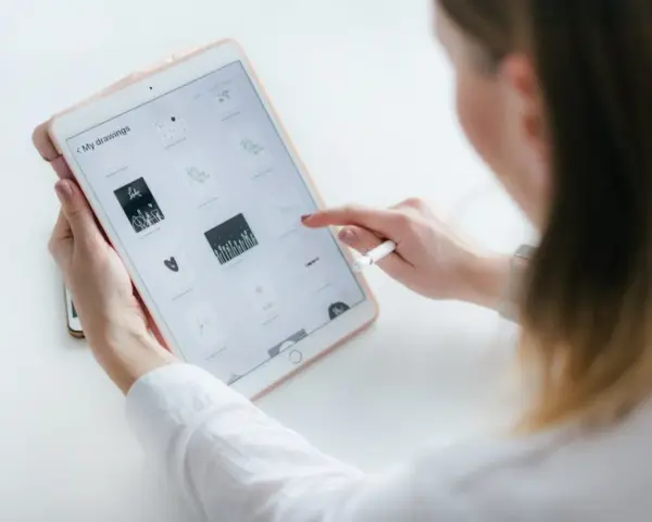 Kobieta tworzy rysowanie na iPadzie, przeglądając swoje prace. Stylus w dłoni sugeruje cyfrowe tworzenie.
