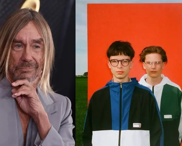 Iggy Pop obok duetu Kacperczyk. Dwóch młodych artystów w kolorowych kurtkach i okularach, obok ikony rocka.
