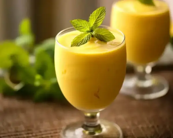 Orzeźwiający mango lassi z mlekiem kokosowym, ozdobiony listkiem mięty. Idealny na upalne dni.