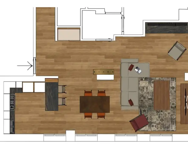 Progetto di una casa 60 mq open space con cucina moderna, zona pranzo e soggiorno accogliente con divano angolare e tappeto decorativo.