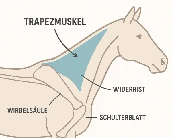 Schema der Pferdemuskulatur: Trapezmuskel, Widerrist, Schulterblatt und Wirbelsäule sind hervorgehoben.