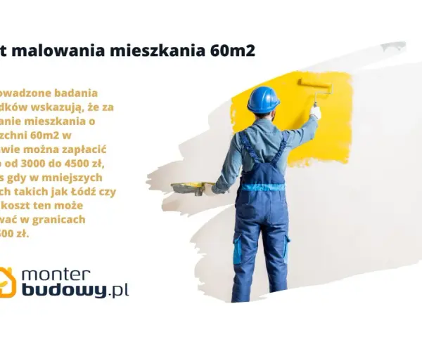 Malowanie mieszkania 60m2 w Warszawie kosztuje średnio 3000-4500 zł. W mniejszych miastach, jak Łódź czy Lublin, koszt malowania 60m2 to ok. 2500-3500 zł.
