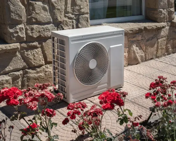 Unità esterna di una pompa di calore aria calda e fredda, posizionata su un patio con rose rosse in fiore.