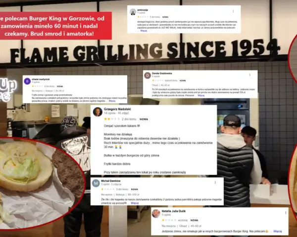 Porównanie obiad z Burger King vs restauracji. Na ekranie numery zamówień, a obok opinie o długim czekaniu i zimnym jedzeniu.