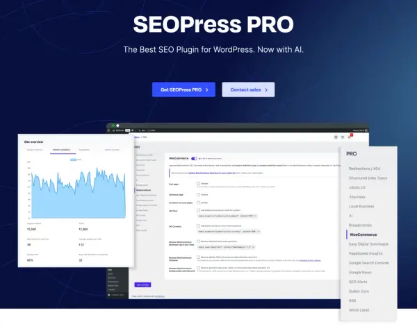 Le programme SEO de SEOPress PRO optimise votre site WordPress, avec des analyses de trafic et des réglages pour WooCommerce.