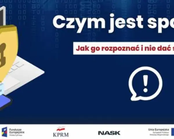 Czym jest spoofing? Grafika pokazuje laptop, telefon i tarczę z kluczem, symbolizujące bezpieczeństwo. Podkreśla, jak rozpoznać i unikać oszustw.