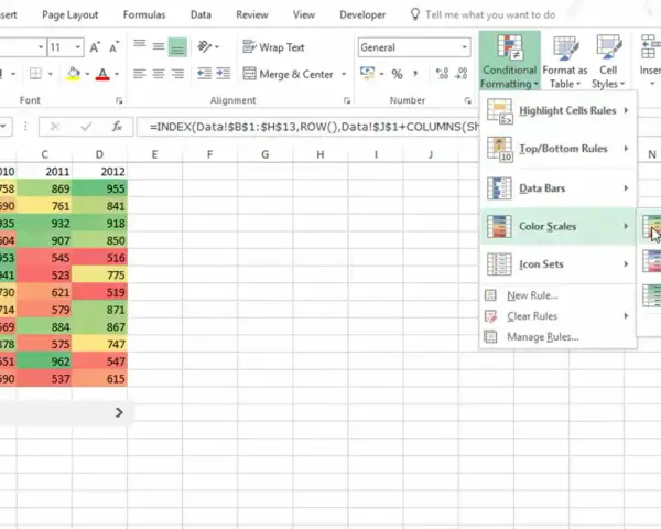 Visualizzazione di un piano di concimazione Excel con scale di colori per i dati.