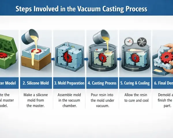 Steps of vacuum casting: master model, silicone mold creation, mold prep, resin pouring, curing, and final demolding.