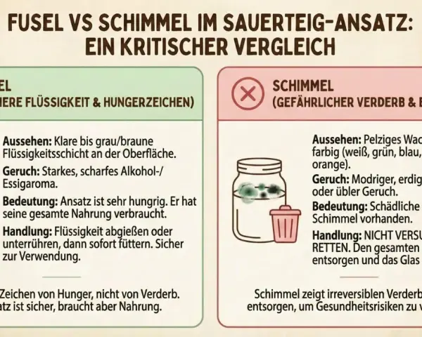 Fusel im Sauerteig riecht scharf, wie Alkohol/Essig. Das ist ein Zeichen von Hunger, nicht von Verderb. Der Ansatz ist sicher.