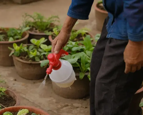 Persona rocía sus plantas con jabón potásico para protegerlas.