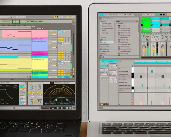 Dos ordenadores muestran software de producción musical, con pistas de audio y MIDI. Ideal para crear música sin licencia.