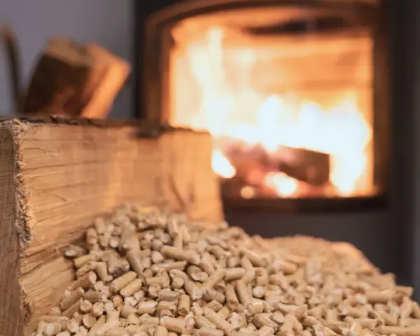 Un tronc de bois et des granulés attendent le tirage poêle à bois. Le feu crépite dans le foyer en arrière-plan.