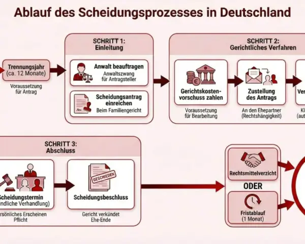 Nach dem Trennungsjahr (ca. 12 Monate) kann man sich scheiden lassen. Der Prozess beinhaltet Einleitung, gerichtliches Verfahren und Abschluss.