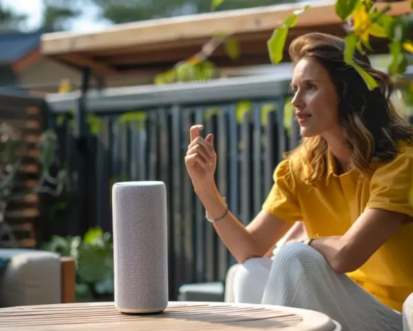 Frau spricht mit einem Smart Speaker im Garten. Sie verbindet ihr Gerät und genießt die Musik.