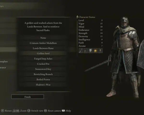 Creando personaje en Elden Ring. El mejor recuerdo es el "Golden Seed", un objeto inicial que ayuda a mejorar las Frascos Sagrados.