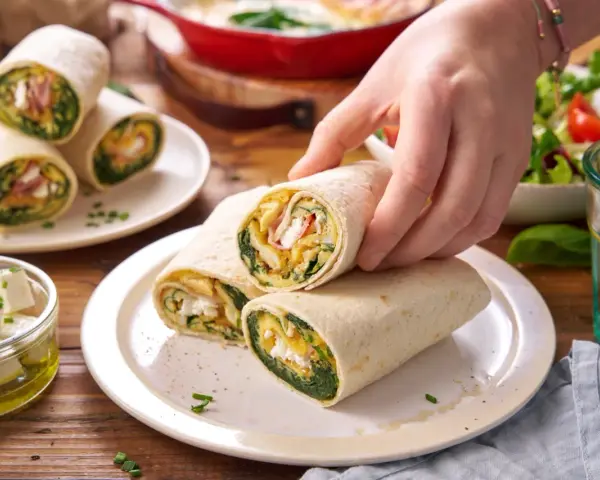 Ręka sięga po tortillę ze szpinakiem, jajecznicą i serem feta. Na talerzu leżą kolejne zawiniątka, obok miseczka z fetą i sałatka.
