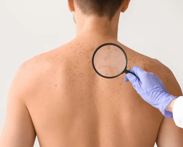 Dermatolog bada plecy pacjenta z licznymi białymi plamami na skórze, używając lupy.