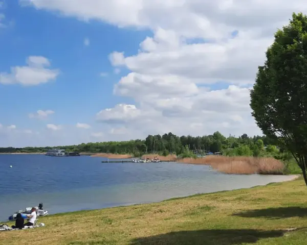 Sonniger Tag am Muldestausee. Menschen entspannen am Ufer, Boote liegen im Wasser. Perfekt zum Baden und Genießen.