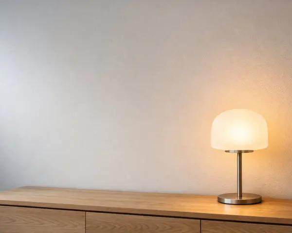 En stilren lila lampa lyser upp en träbyrå mot en texturerad vägg.