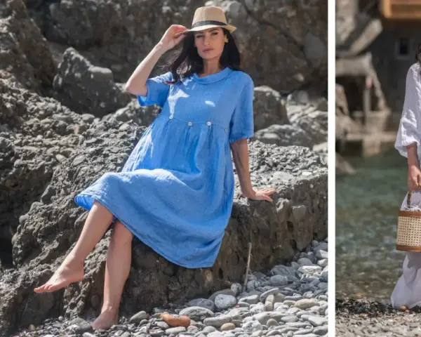 Modelli ispirano su come vestirsi per andare al mare: abito azzurro e completo bianco in lino, perfetti per la spiaggia.