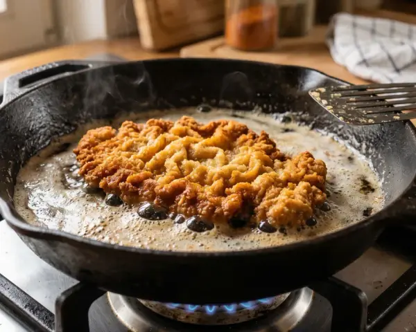 Ein goldbraunes Schnitzel braten in heißem Fett in einer Gusseisenpfanne. Dampf steigt auf, während die Panade knusprig wird.