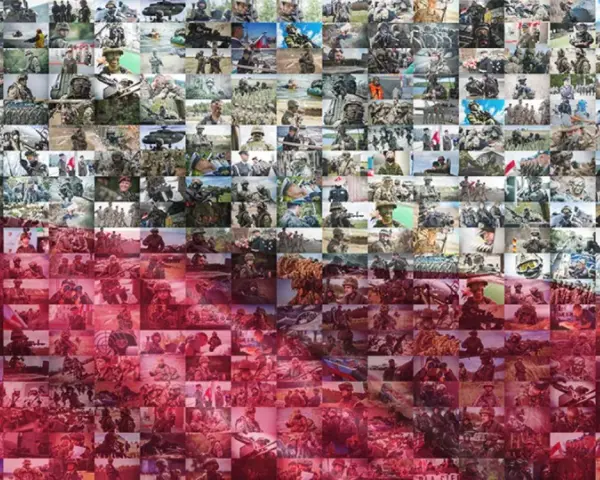 Siatka zdjęć żołnierzy w mundurach, tworząca mozaikę przypominającą flagę Zjednoczonych Emiratów Arabskich.