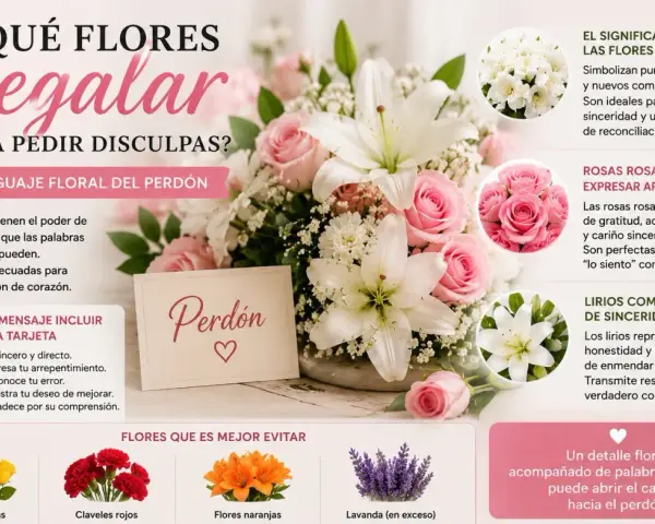 Un ramo de flores para pedir perdón, con rosas rosadas y lirios blancos, simboliza sinceridad y arrepentimiento.
