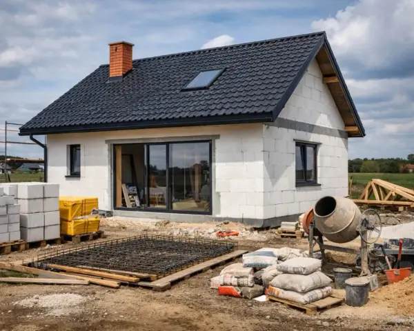 Budowa domu w toku: bloczki, cement, zbrojenie i betoniarka. Zastanawiasz się, ile kosztuje metr kwadratowy budowy domu?