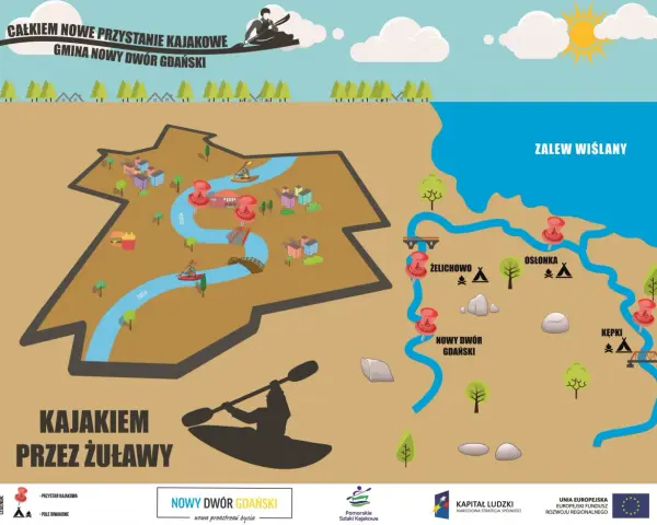Mapa szlaków kajakowych w Gminie Nowy Dwór Gdański, ukazująca rzekę Tuga, przystanie i miejsca biwakowe.