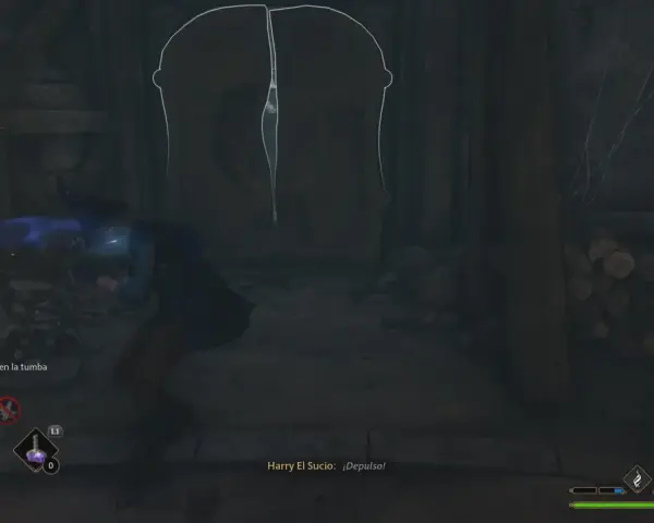 Un mago busca el yelmo de Urtkot en una tumba oscura. Un hechizo azul sale de su varita hacia un objeto.