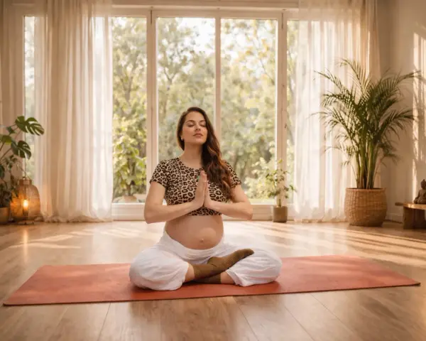 Schwangere Frau in Meditationshaltung auf einer Matte. Sanftes Licht und Pflanzen schaffen eine Atmosphäre der Entspannung in der Schwangerschaft.
