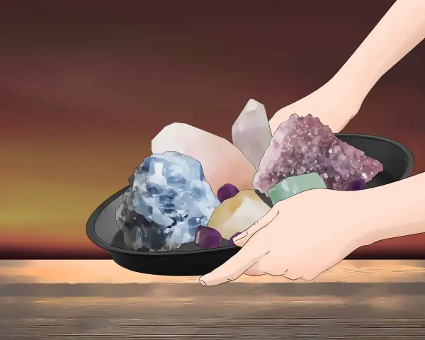 Manos sostienen un plato con cristales de colores, listos para limpiar piedras con sal en luna llena.