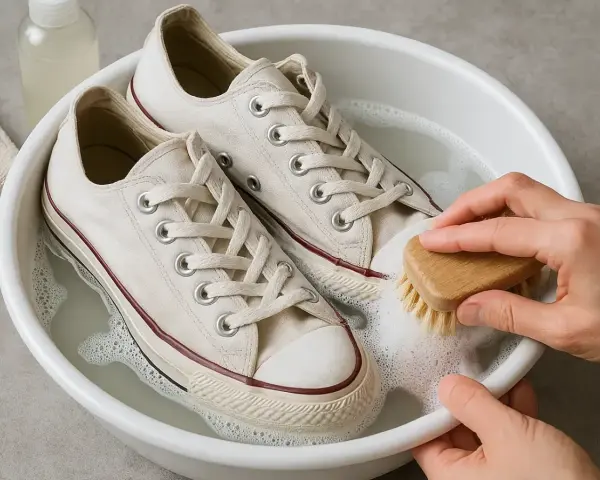 Manos limpian zapatillas blancas con cepillo en agua jabonosa. Aprende como lavar zapatillas blancas y que no queden amarillas.