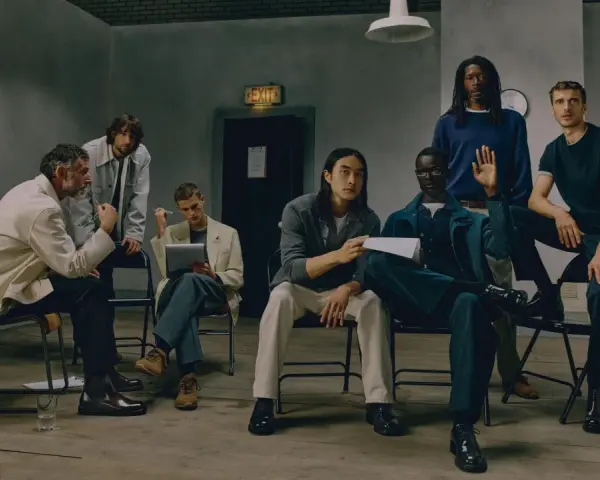 Grupo de hombres con un look business casual, sentados y de pie en una sala con un letrero de "EXIT".