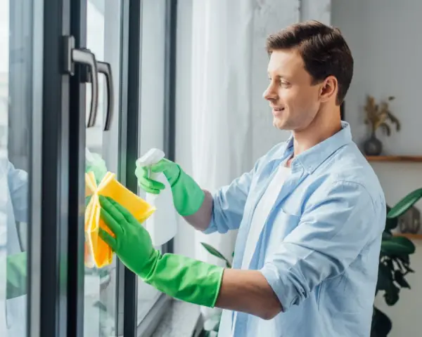 Mężczyzna w zielonych rękawiczkach czyści okna plastikowe, używając sprayu i żółtej ściereczki. Dbałość o detale to klucz do konserwacji okien.