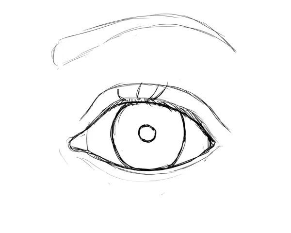 Un croquis au crayon d'un œil ouvert, avec un sourcil arqué au-dessus.