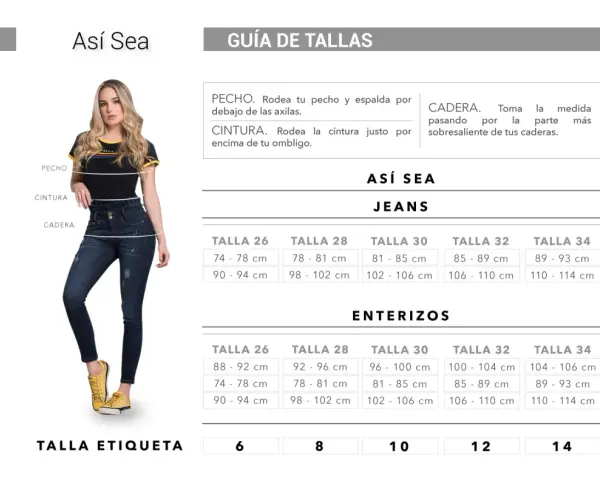 Guía de tallas para jeans. La talla 32 equivale a 85-89 cm de cintura y 106-110 cm de cadera.