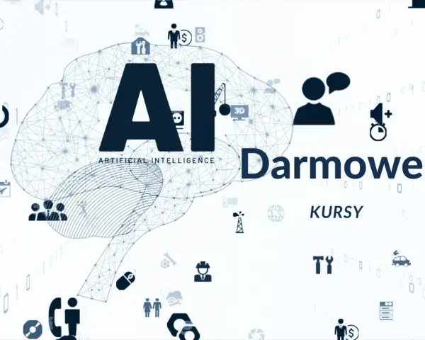 Grafika z mózgiem AI i ikonami symbolizującymi technologię, biznes i naukę. Napis "Darmowe KURSY AI" zachęca do nauki.