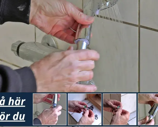 Händer som byter duschslang. En person håller i en duschslang och en kran. Flera små bilder visar steg för steg hur man gör.