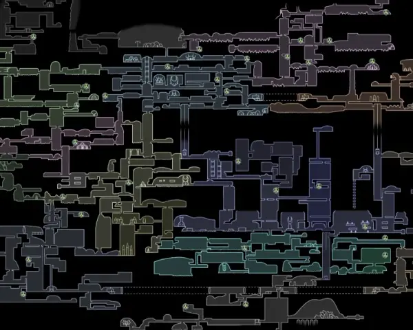 Mapa detallado de Hallownest, mostrando todas las áreas y caminos explorables. Aquí se encuentran todas las larvas Hollow Knight, esperando ser descubiertas.