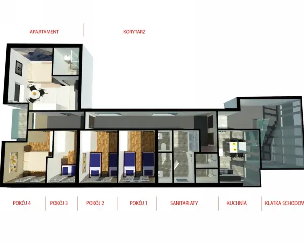 Rzut budynku zamieszkania zbiorowego: apartament, cztery pokoje, sanitariaty, kuchnia i klatka schodowa.