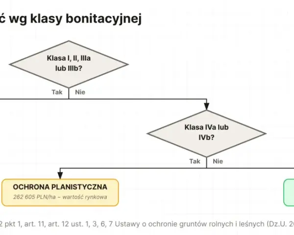 Schemat decyzyjny: co można budować w zależności od klasy bonitacyjnej gruntu. Określa różne poziomy ochrony i stawki.
