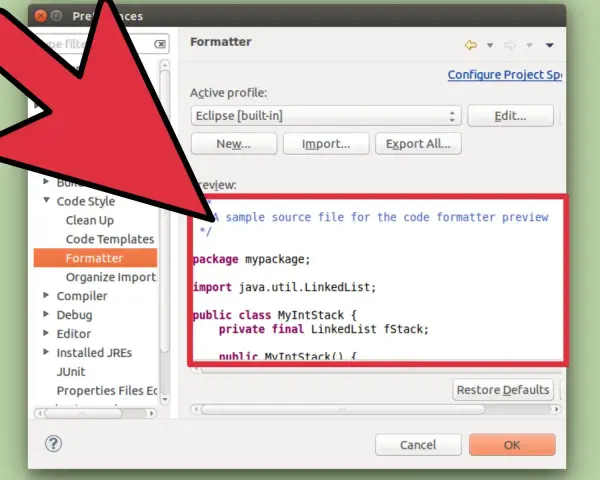 Eclipse-Code-Formatierung im Dark Mode, mit Code-Vorschau.