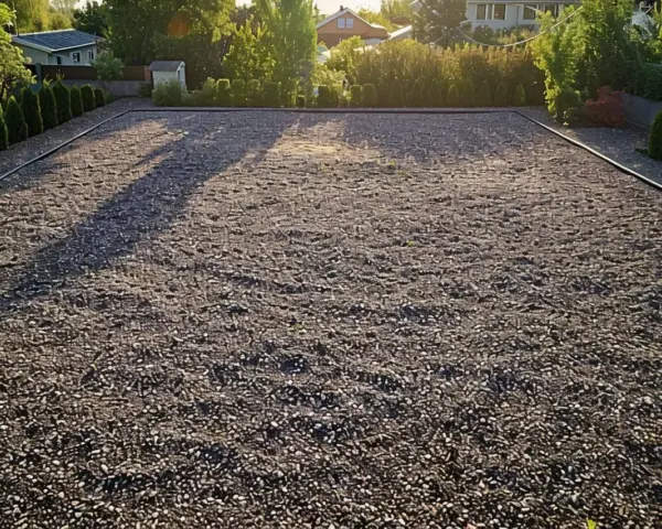 Un grand parking en gravier, bordé de haies et d'arbres, sous la lumière dorée du soleil couchant.