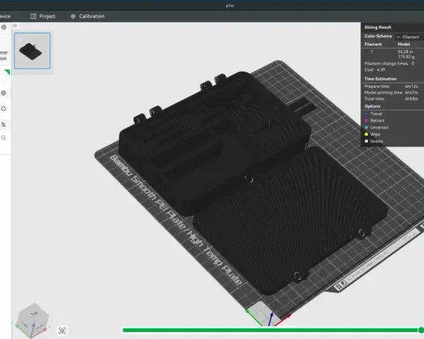 Drukarka 3D z dyszą 0.8 mm, przygotowująca do druku czarny, złożony model. Ustawienia jakości druku, takie jak wysokość warstwy 0.2 mm, są widoczne.