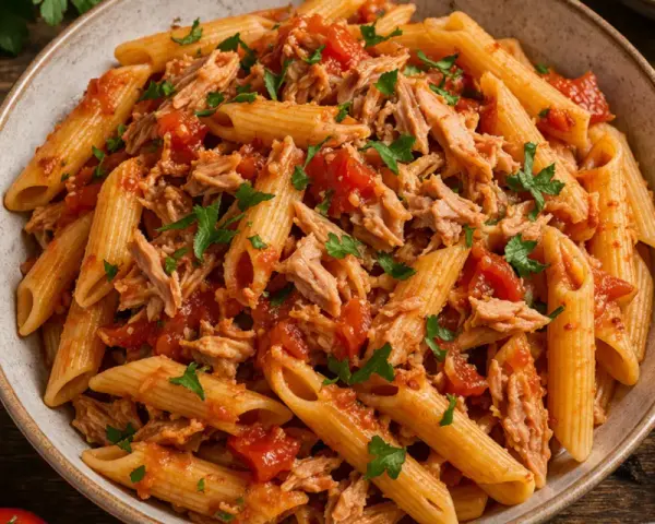 Penne z tuńczykiem i pomidorami, posypane natką pietruszki. Obok puszka tuńczyka, pomidory i czosnek.
