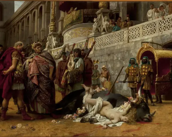 Scena z antycznego Rzymu, gdzie widzimy triumfującego wodza i ofiarę z byka. Obraz ten to przykład bogatych polskich obrazów historycznych.